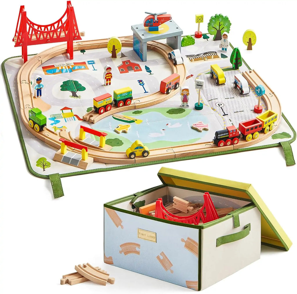 Tiny Land® 110 - Piece Wooden Train Set with Folding Storage Box - Tiny Land INC