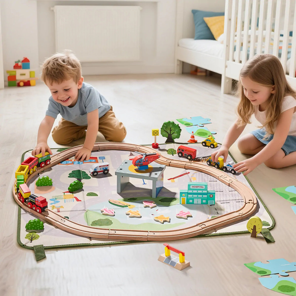 Tiny Land® 110 - Piece Wooden Train Set with Folding Storage Box - Tiny Land INC