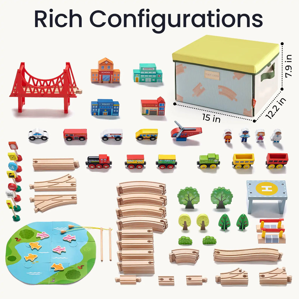 Tiny Land® 110 - Piece Wooden Train Set with Folding Storage Box - Tiny Land INC