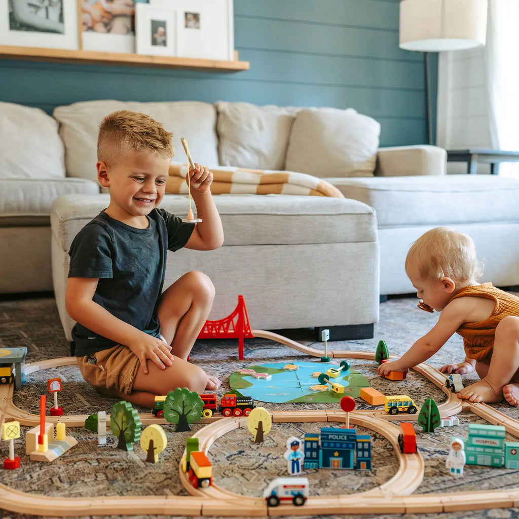 Tiny Land® 110 - Piece Wooden Train Set with Folding Storage Box - Tiny Land INC